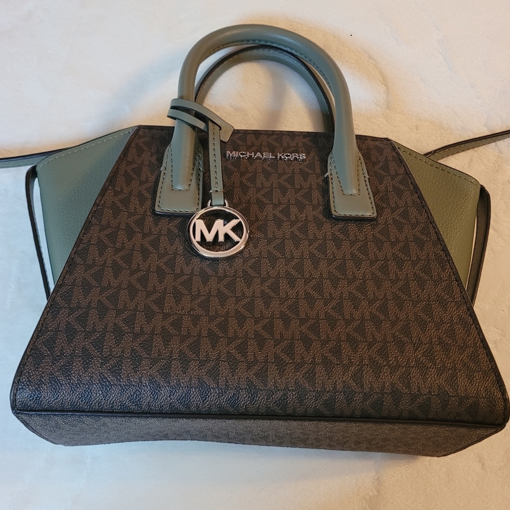 Michael Kors Avril Small zip top crossbody brown & army green.